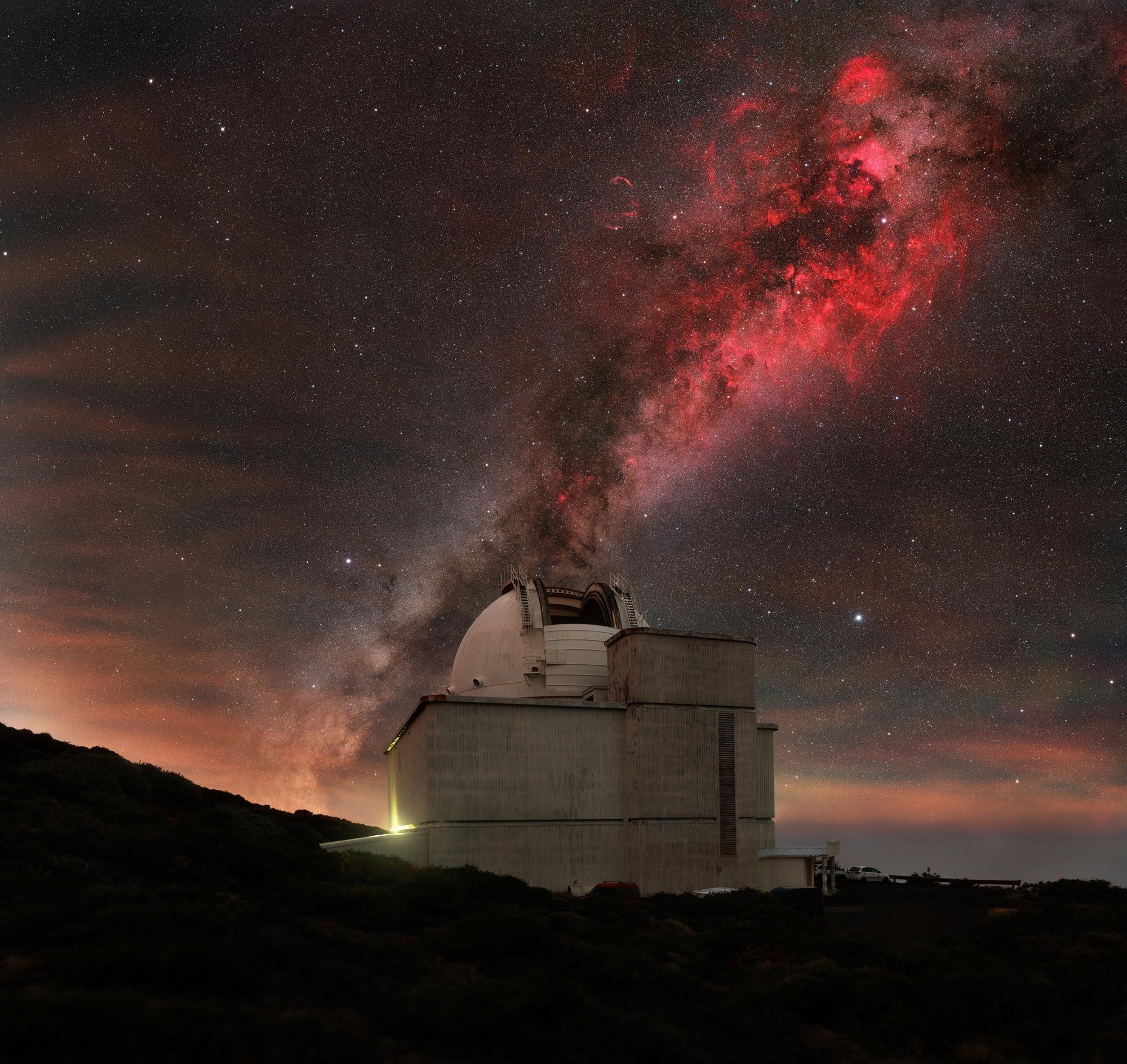 The Isaac Newton Telescope at the edge of the telescope facility on La Palma.