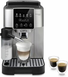 De'Longhi espresso maker with three cups of coffee and milk frother