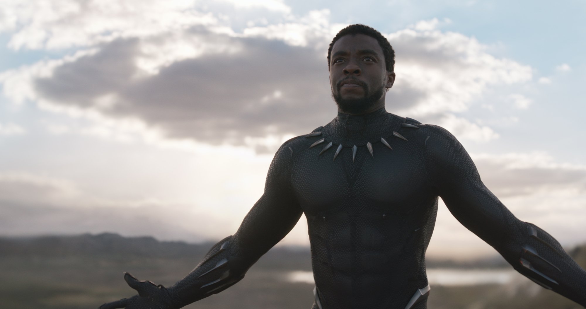 A man (Chadwick Boseman as T'Challa) in a sleek black superhero suit walks confidently with his arms out, the horizon behind him.