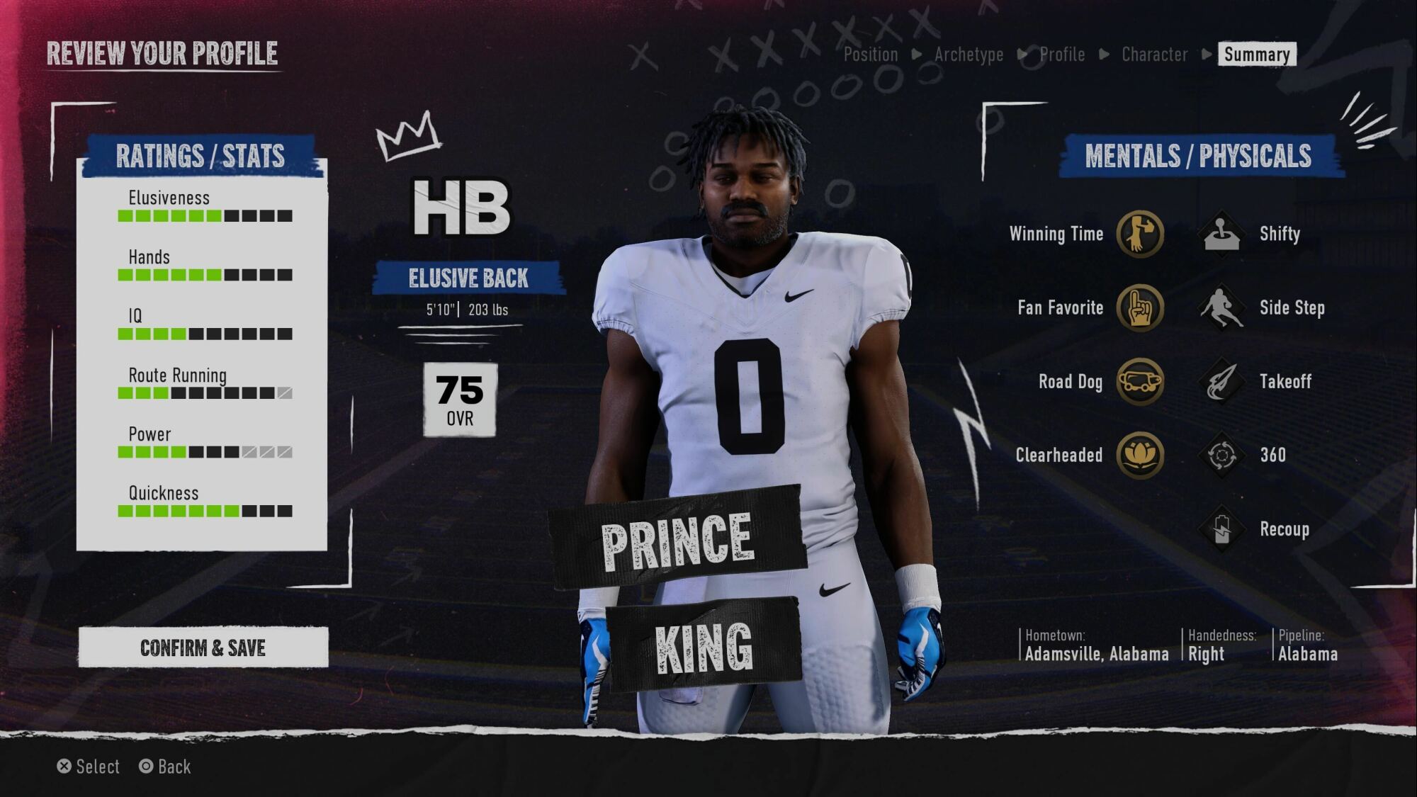 A video game screen showing a profile for a player named Prince King, an elusive halfback (HB) with a 75 OVR rating. Attributes include elusiveness, hands, IQ, route running, power, and quickness. Mentals/physicals listed are Winning Time, Fan Favorite, Road Dog, Clearheaded, Shifty, Side Step, Takeoff, 360, and Recoup. Hometown: Adamsville, Alabama. Handedness: Right. Pipeline: Alabama.