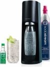 SodaStream Terra maker with co2, glass of sparkling water, and bubly drops