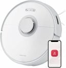 White Roborock robot vacuum and smartphone with Roborock logo on screen