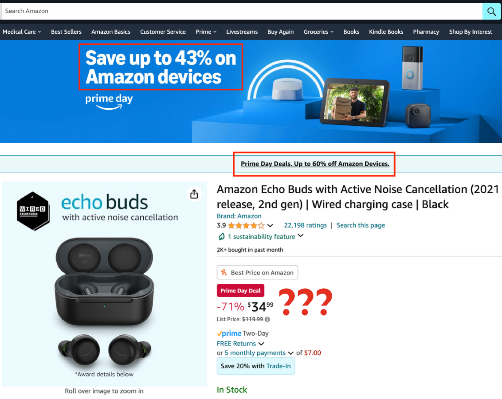 screenshots of the amazon home page and an amazon echo buds listing taken on july 16 2024