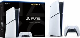 playstation 5 slim console, controller, and box