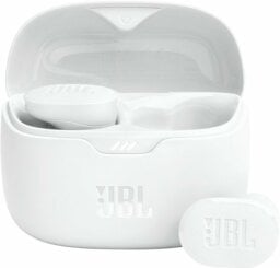 White JBL true wireless earbuds and case with one earbud out of case