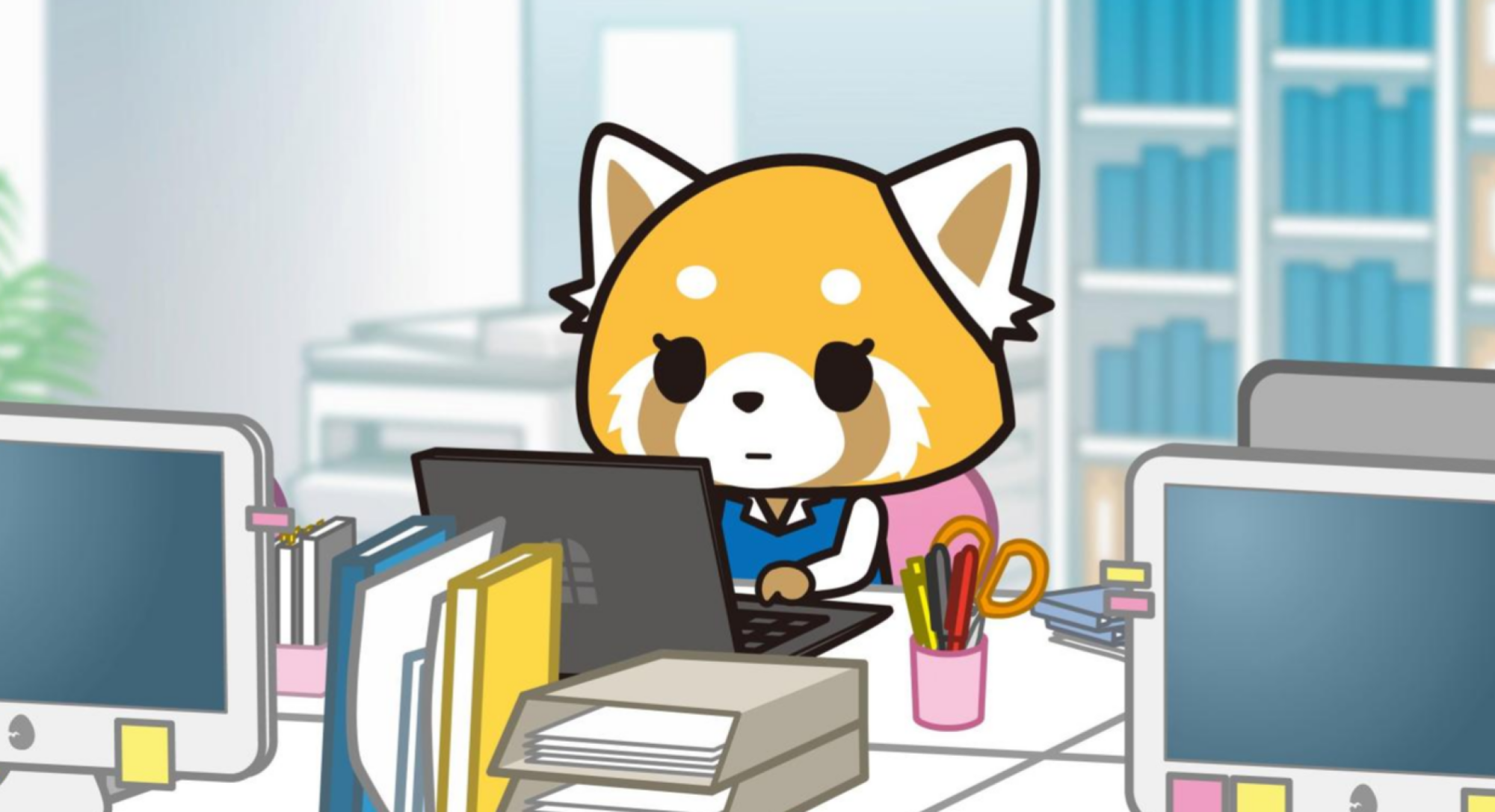 Anime still of a red panda working at an office desk