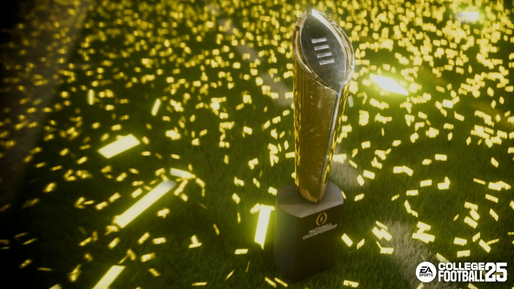 College Football Playoff national championship trophy surrounded by confetti