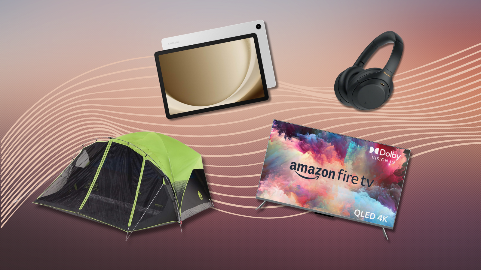 Coleman camping tent, Samsung tablet, Sony headphones, and Amazon Fire TV with pink gradient background