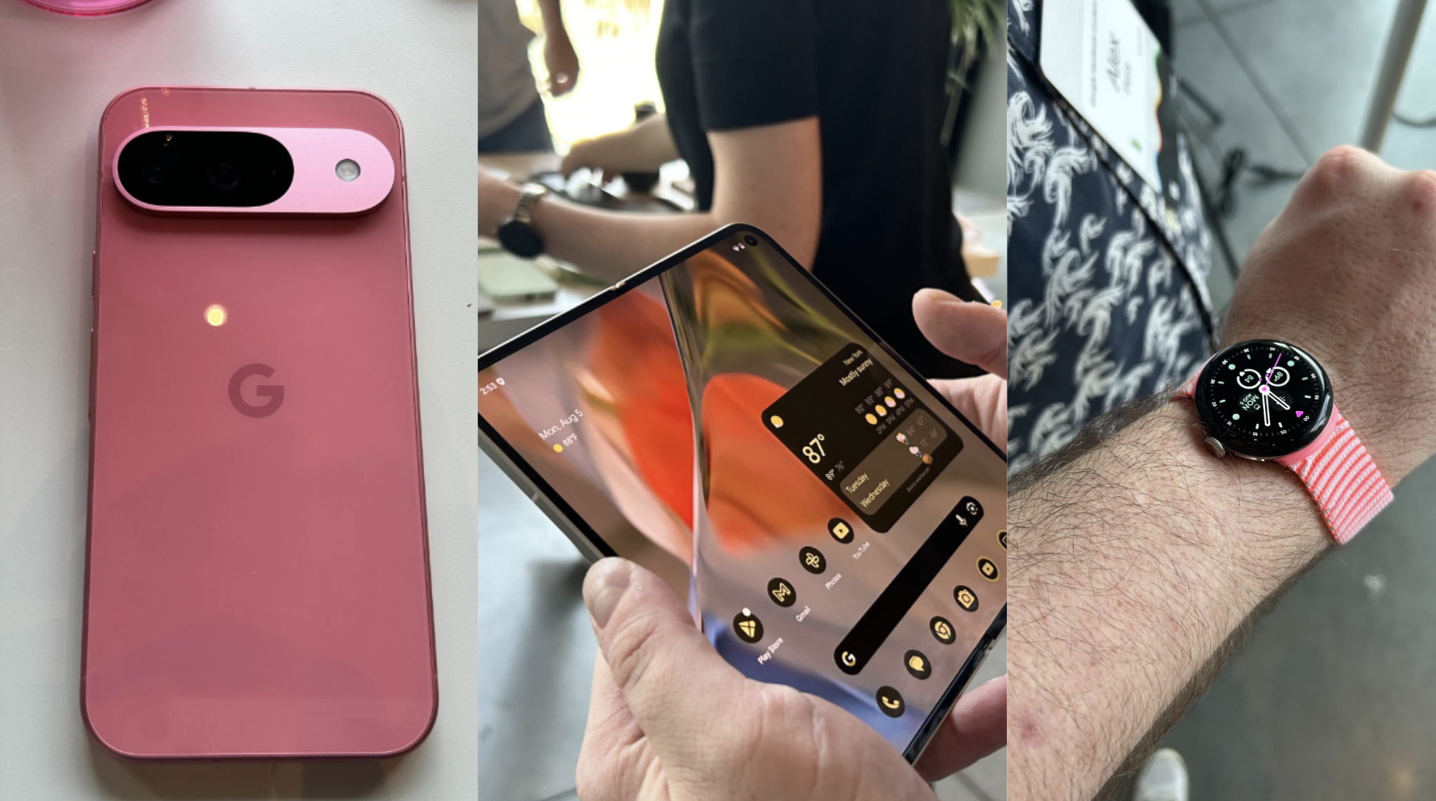 Triple-split photo of Pixel 9, Pixel Watch 3, and Pixel 9 Pro Fold