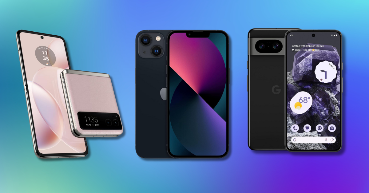 three smart phones against a colorful background 