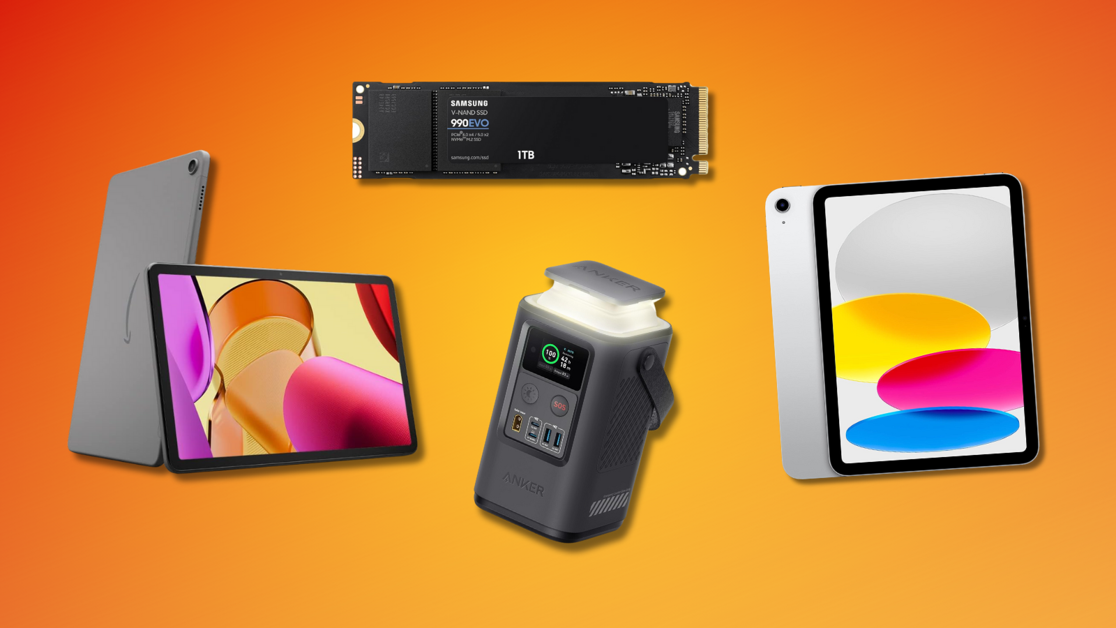 Amazon Fire Max 11 tablet, Anker power bank, Apple iPad, and Samsung SSD with orange and yellow gradient background