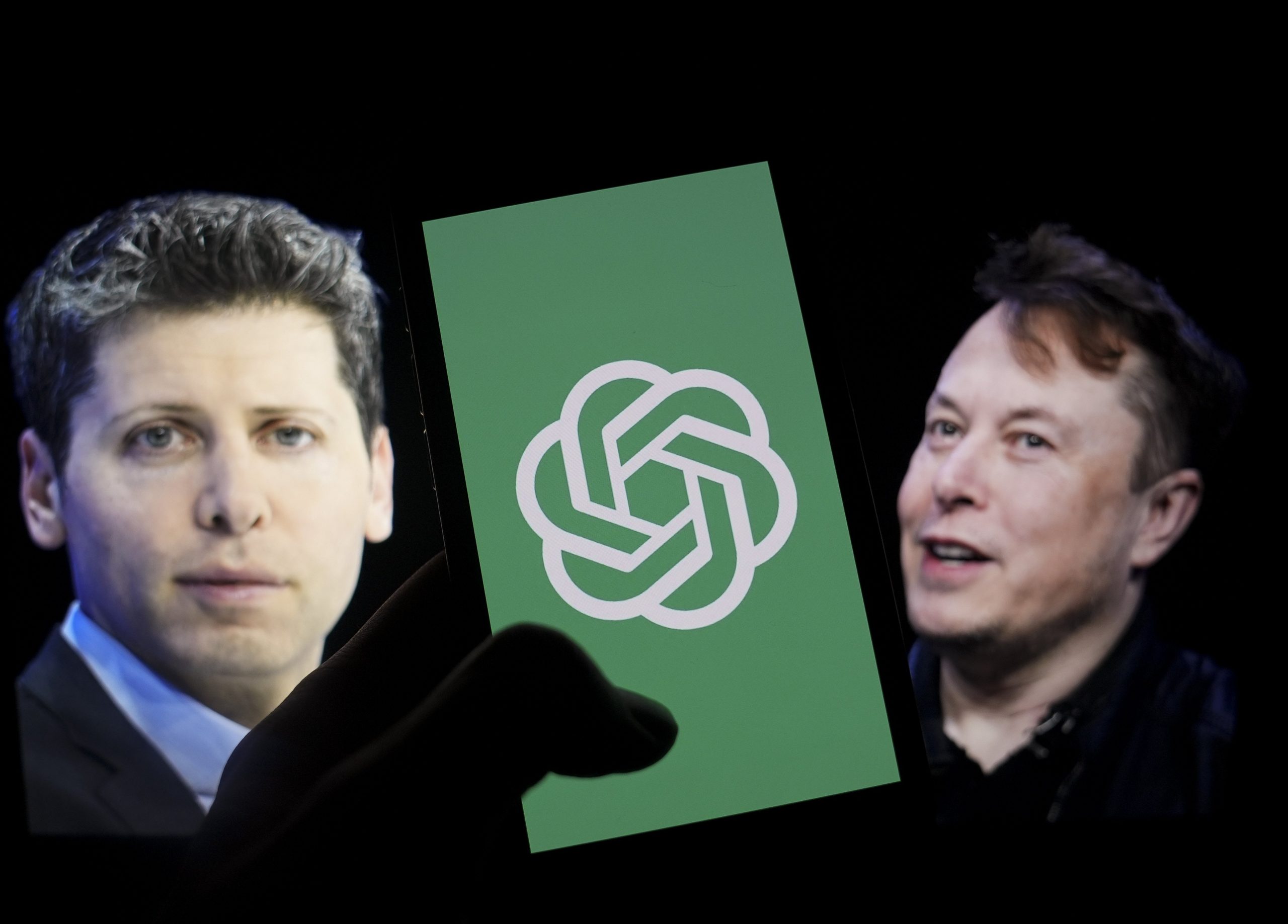 Elon Musk and Sam Altman with the OpenAI logo on a mobile device