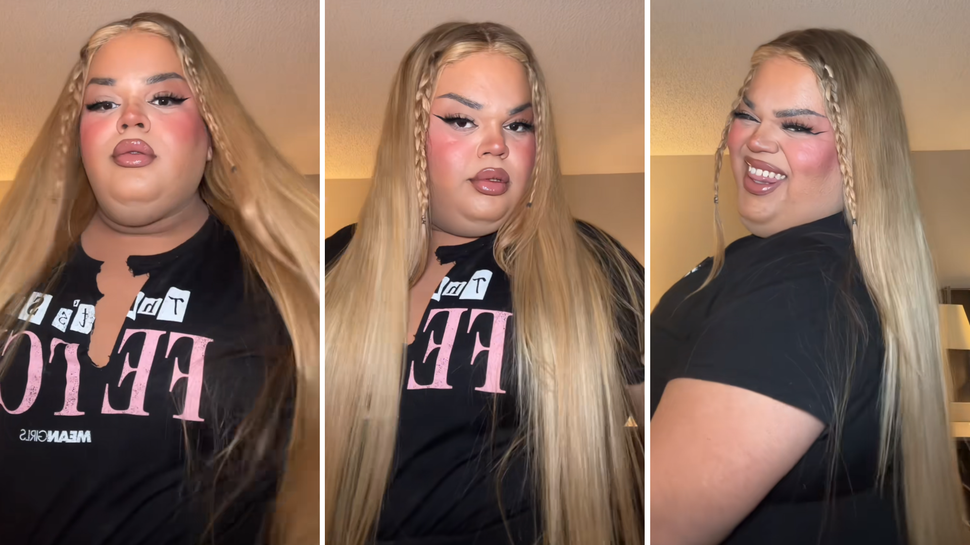 Three photos of Lebron in a black tee, blonde wig, and full face of glam.