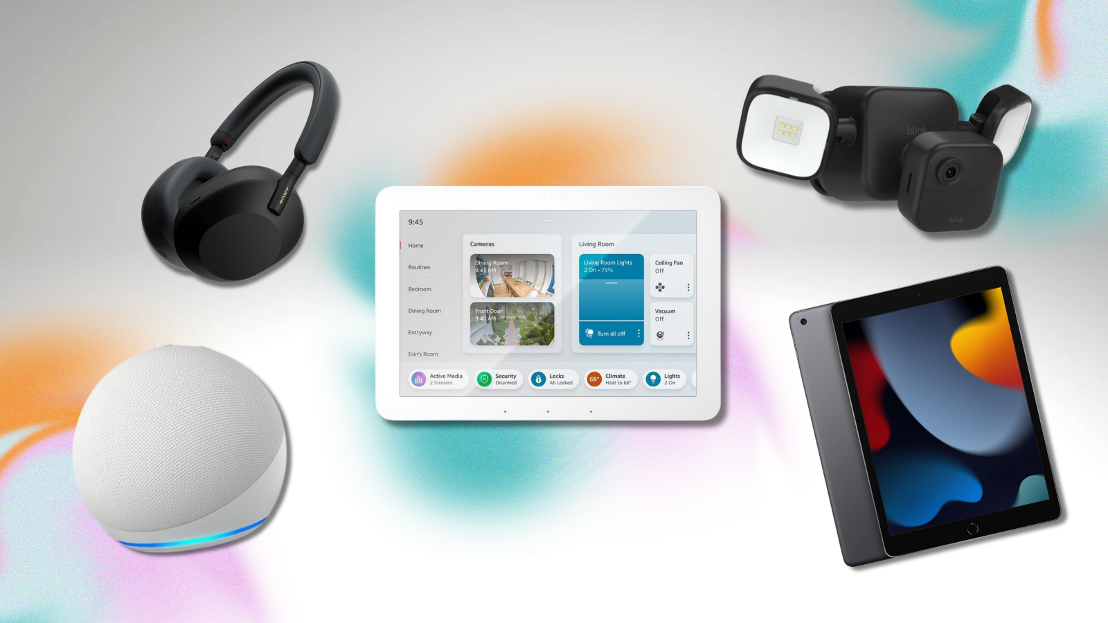 Sony headphones, Echo Dot, Echo Hub, Blink camera, and iPad with colorful background