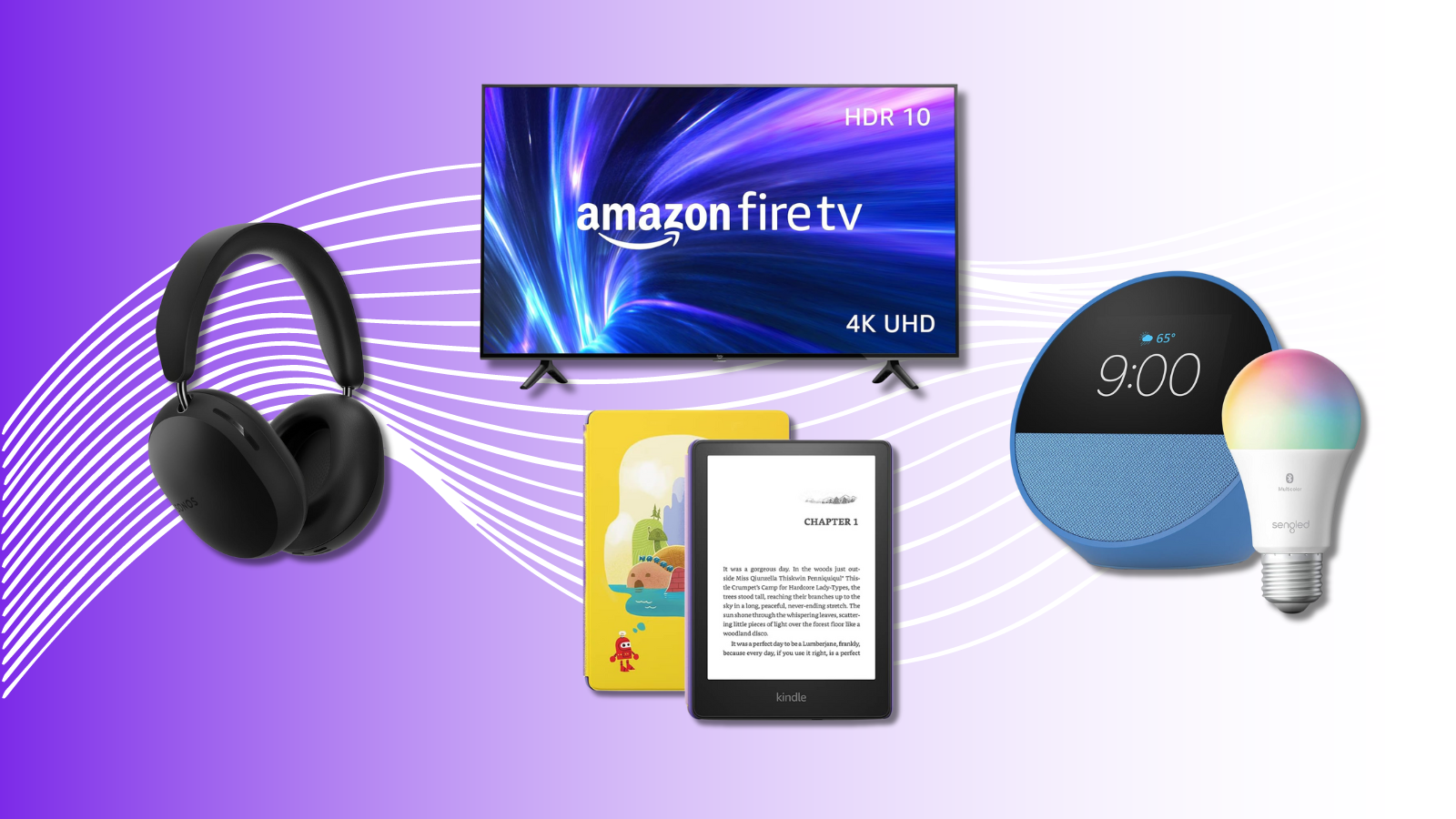 Sonos headphones, Amazon Fire TV, Echo Spot and light bulb, and Kindle Paperwhite Kids with purple gradient background