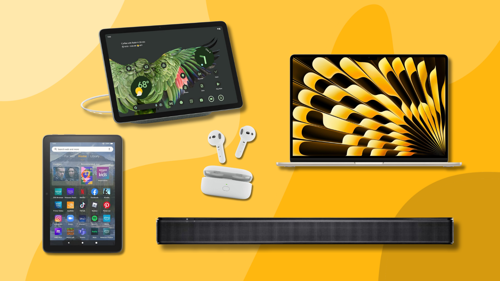 Fire tablet, Google Pixel tablet, Bose soundbar, Echo Buds, and MacBook Air with yellow background