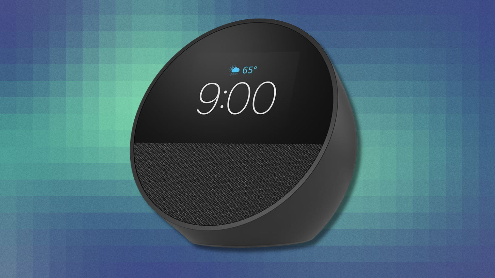 Amazon Echo Spot Smart Alarm Clock on blue and green abstract background