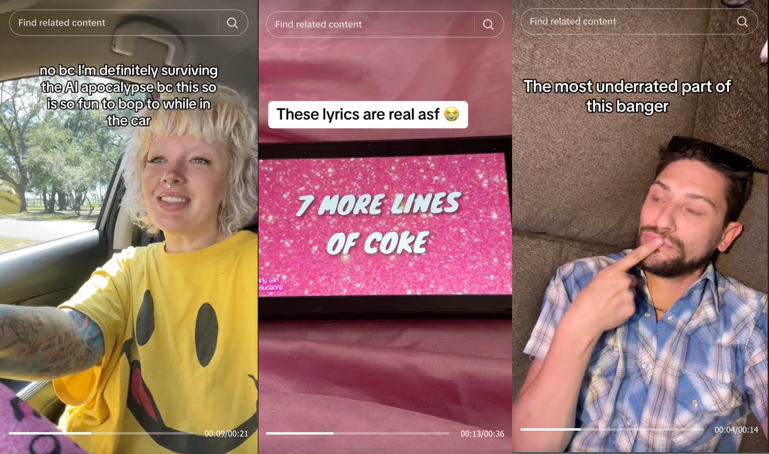 screenshots of tiktoks about the 10 drunk cigarettes songs