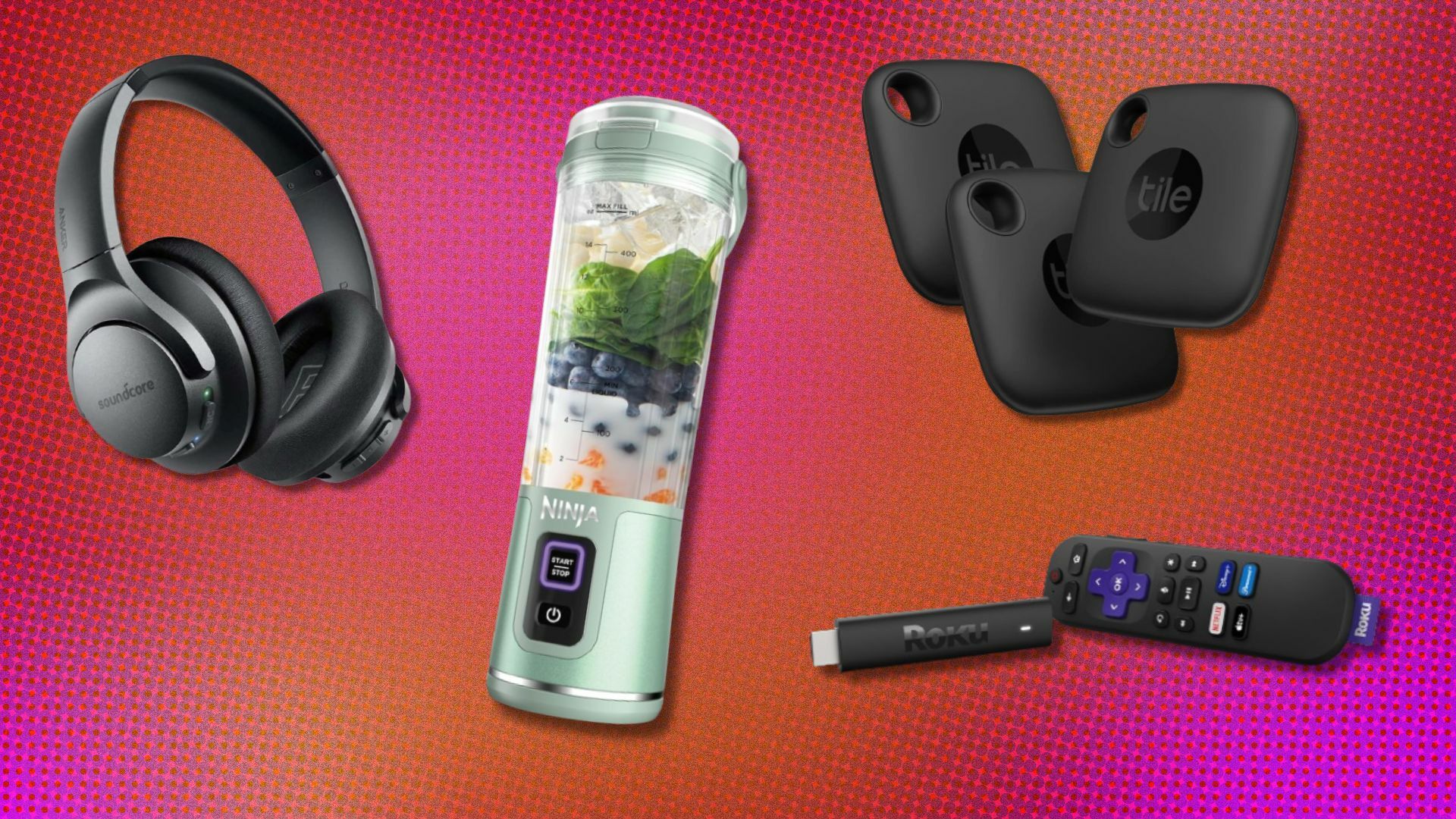 soundcore headphones, a ninja blender, three tile bluetooth trackers, and a roku streaming set are together on a pink and orange background