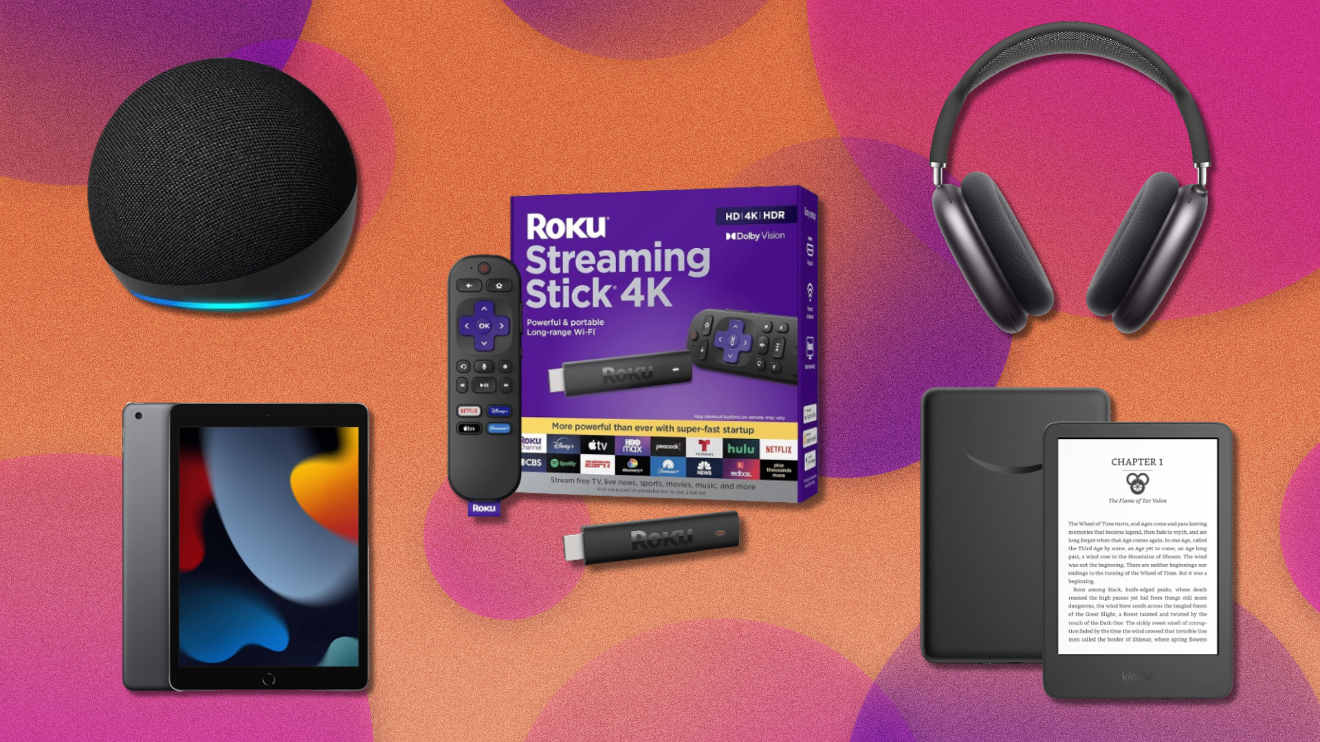 A colorful background showing an Amazon Echo Dot, Roku Streaming Stick, Apple iPad, Apple AirPods Max, and Amazon Kindle.