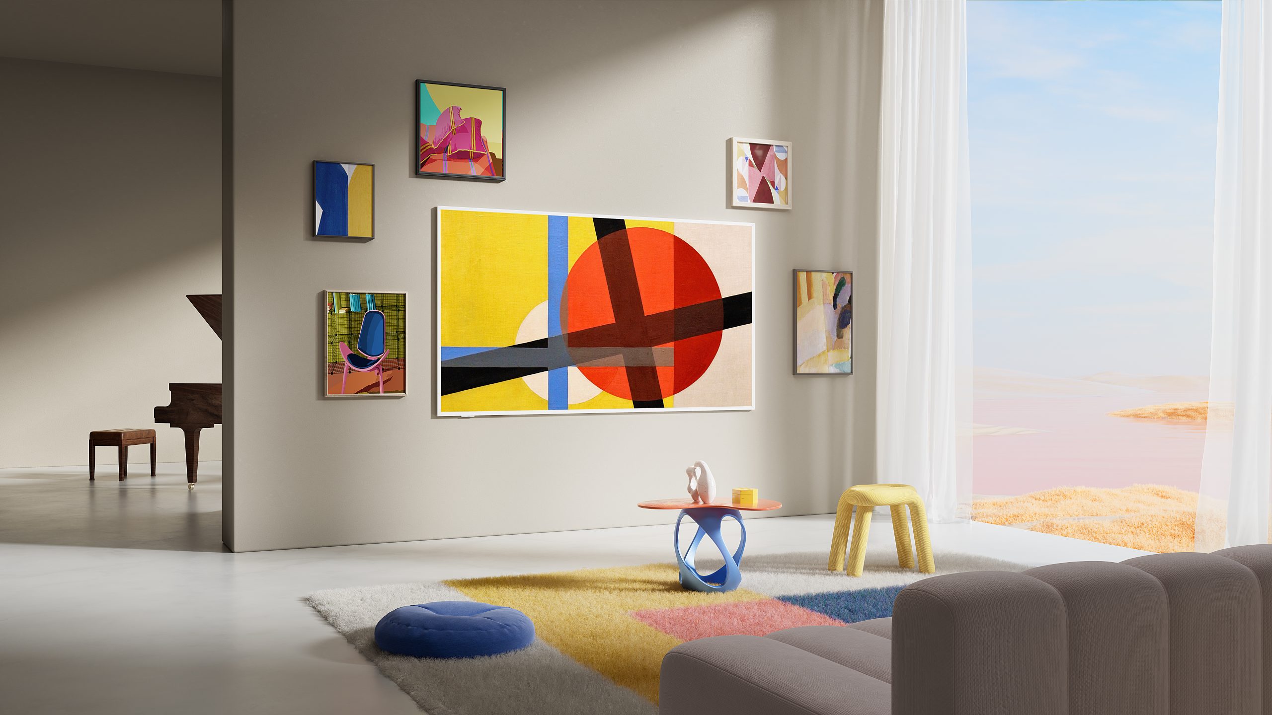 A TCL TV mounted on the wall and showing abstract art