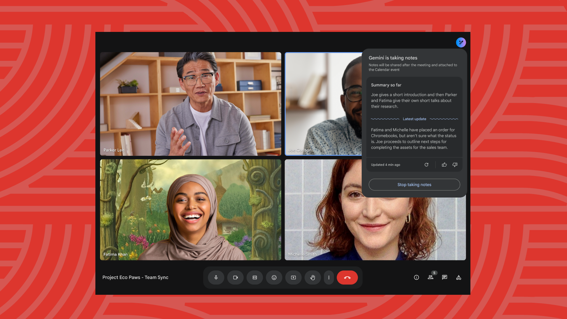 The Google Meet screen with four people in a meeting.