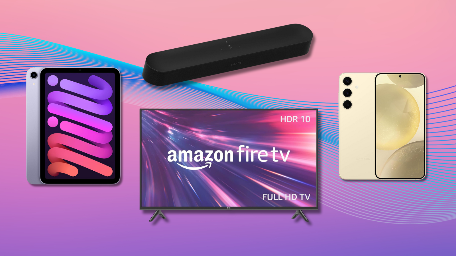 Apple iPad mini, Sonos Beam 2 soundbar, Amazon 2-Series Fire TV, and Samsung Galaxy S24+ with purple and pink gradient background