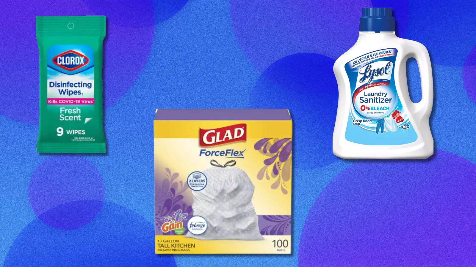 Cleaning supplies on blue and purple background