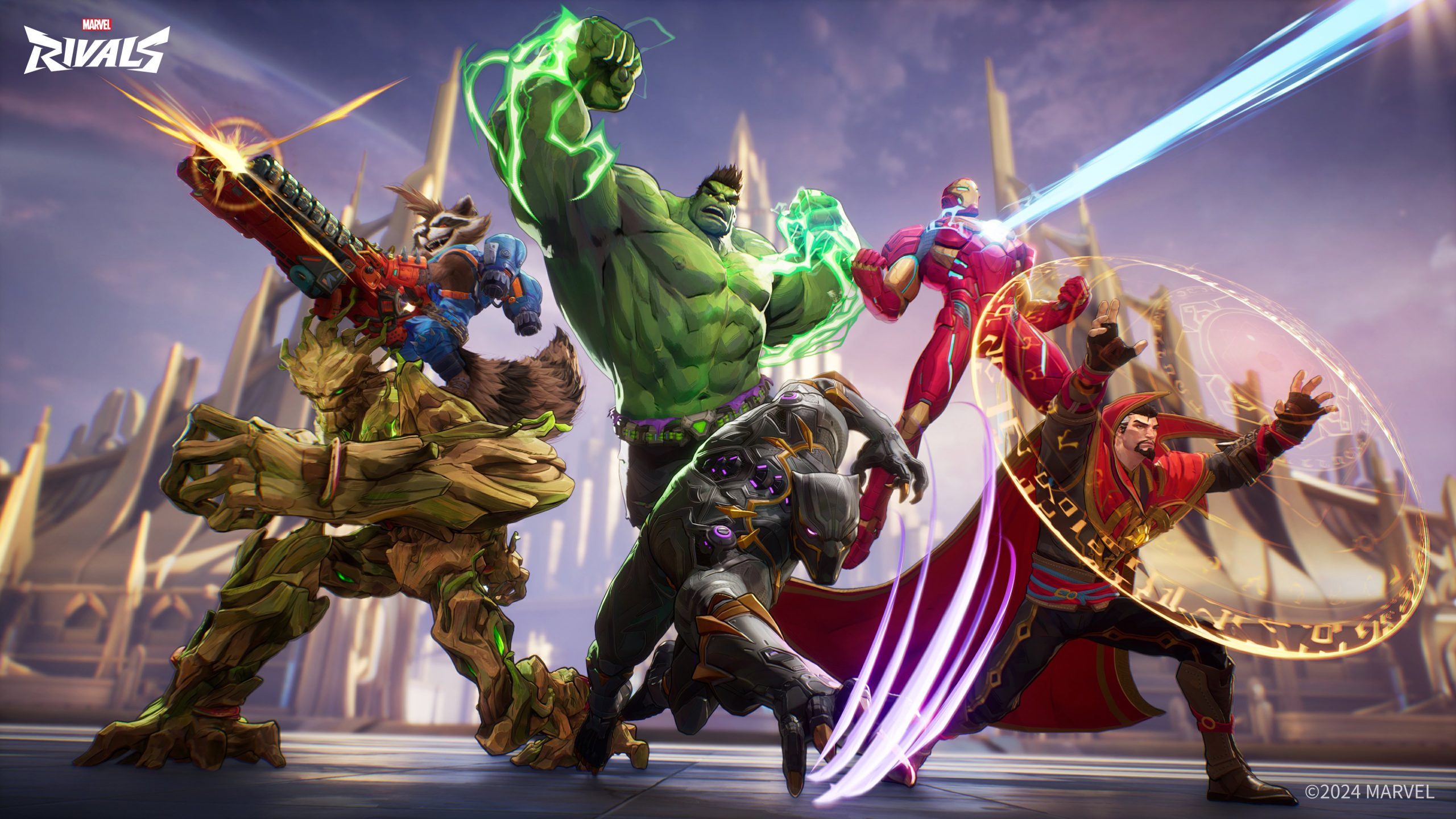 A dynamic scene featuring Marvel superheroes Groot, Rocket Raccoon, Hulk, Black Panther, Iron Man, and Doctor Strange in action poses