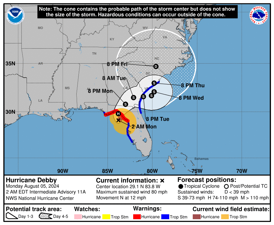 Forecast map for Hurricane Debby.