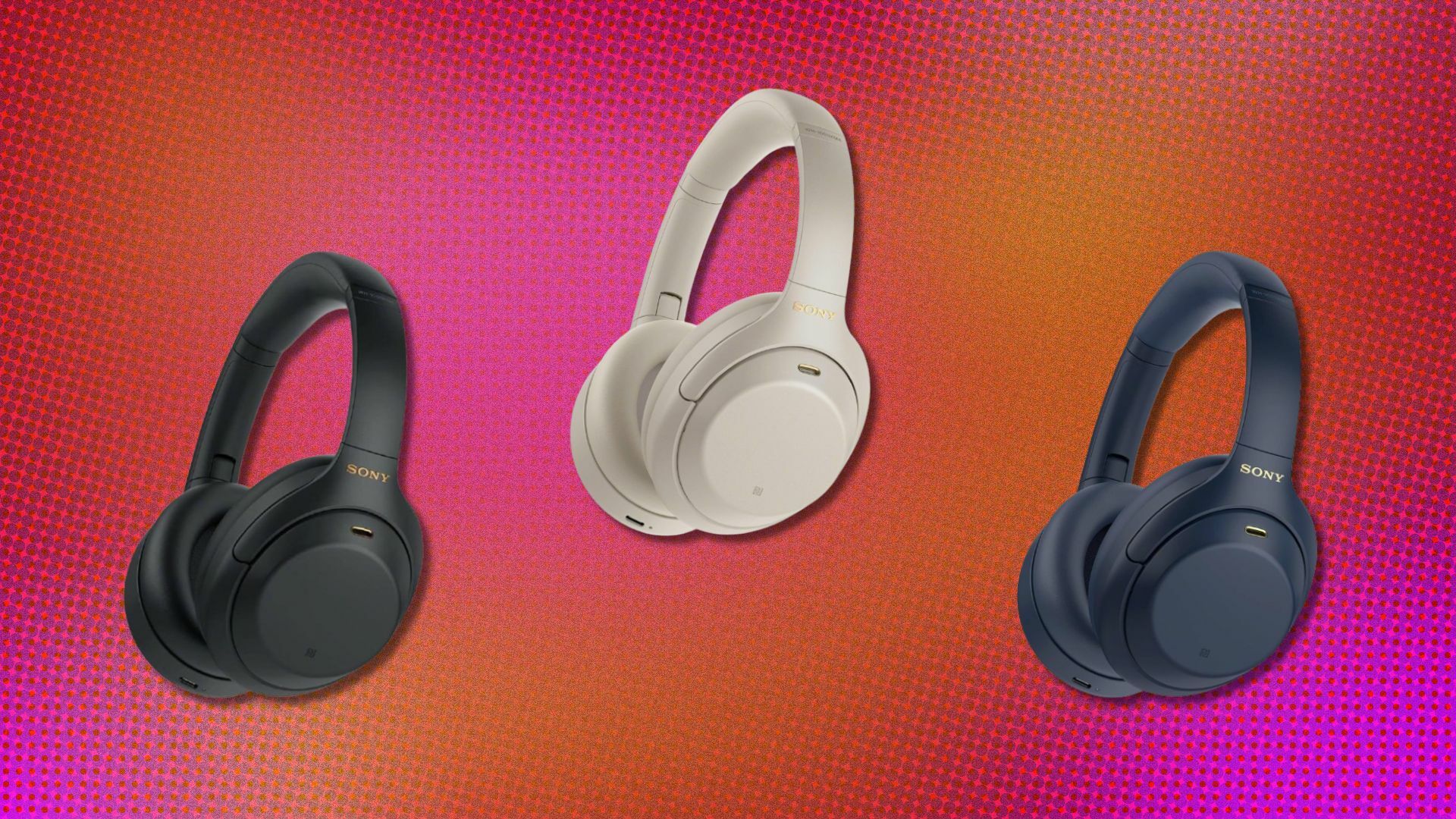 three pairs of the Sony WH-1000XM4 headphones on a background that's pink and orange