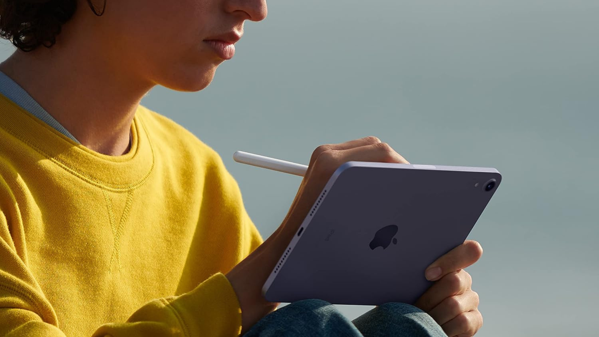 A person holding an iPad Mini with an Apple Pencil