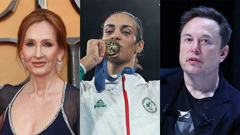 Three people are shown side-by-side: A woman on the left, a woman with a gold medal in the middle, and a man on the right.