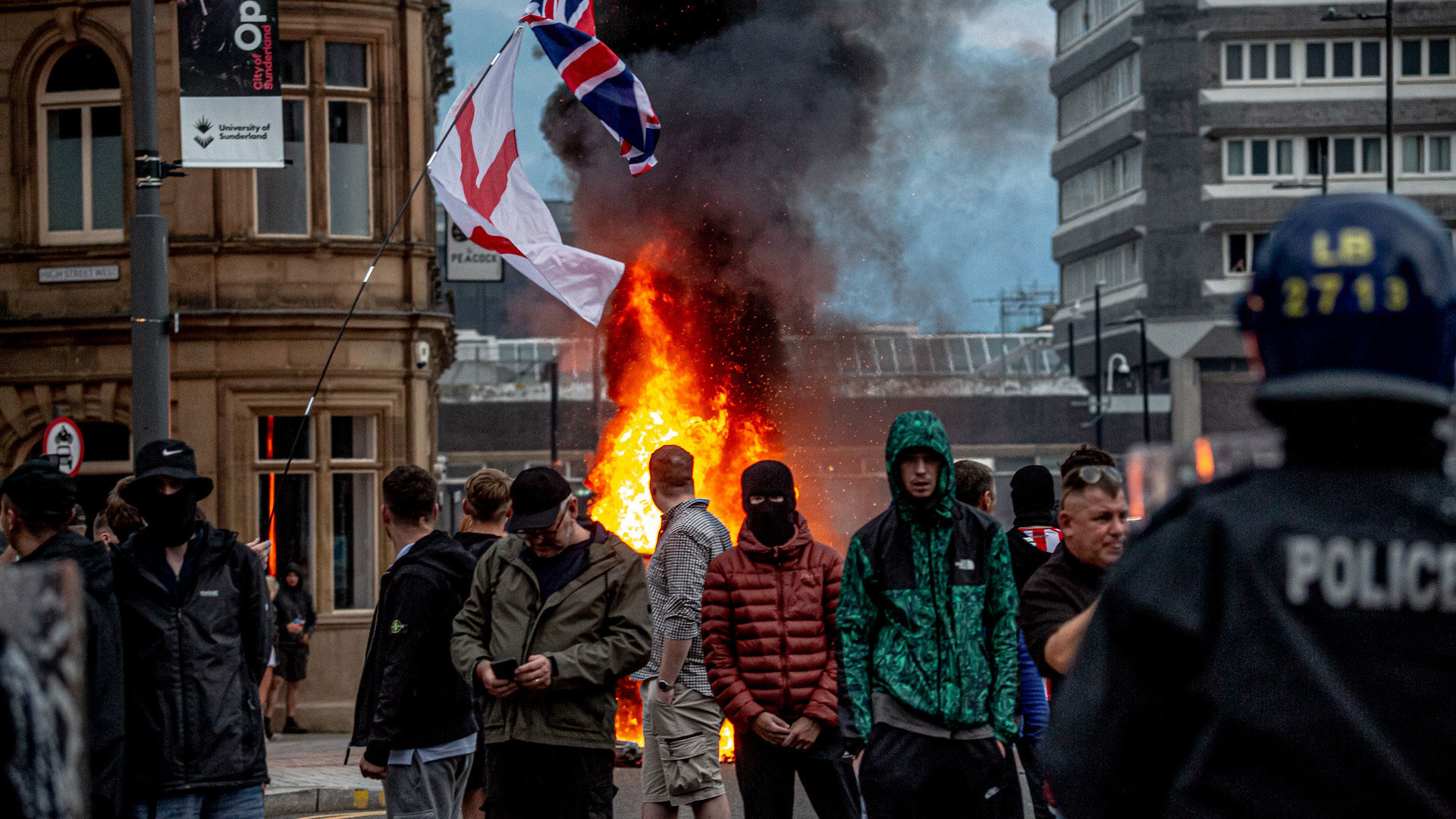 Far-right rioters in Sunderland, England on Aug. 2, 2024