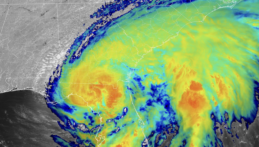 A view of Tropical Storm Debby passing over the Southeastern U.S. on Aug. 5, 2024.