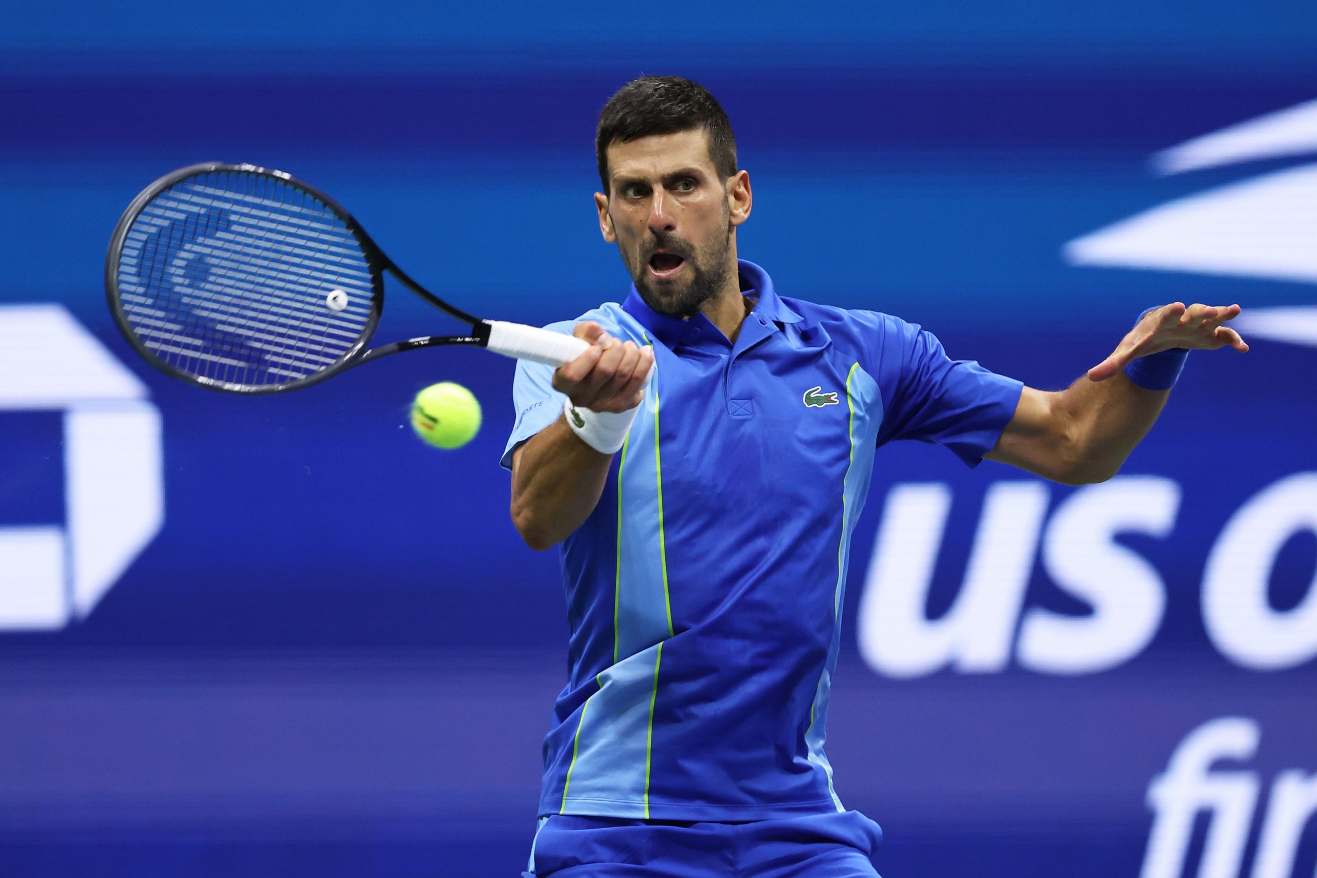 Novak Djokovic of Serbia plays a forehand