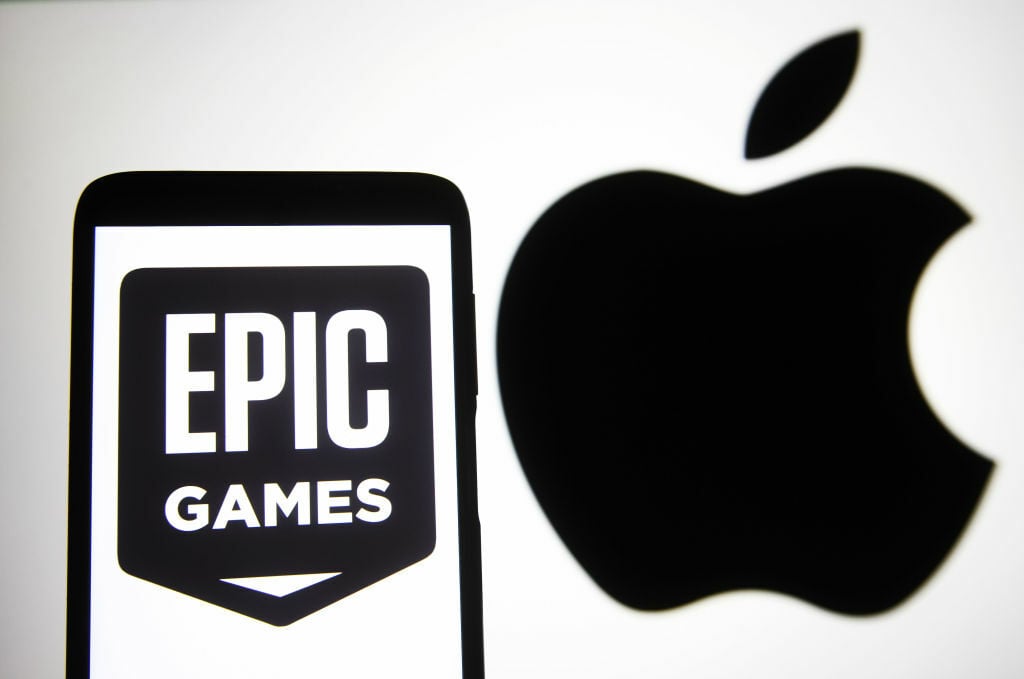 Epic Games logo next to Apple logo in front of white background