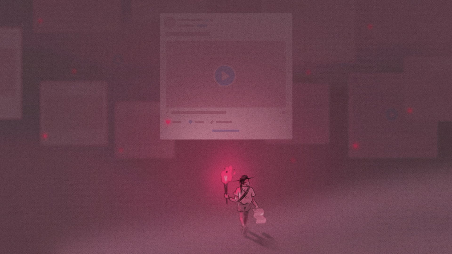 an illustrated little man with a torch searching for likes in a foggy landscape