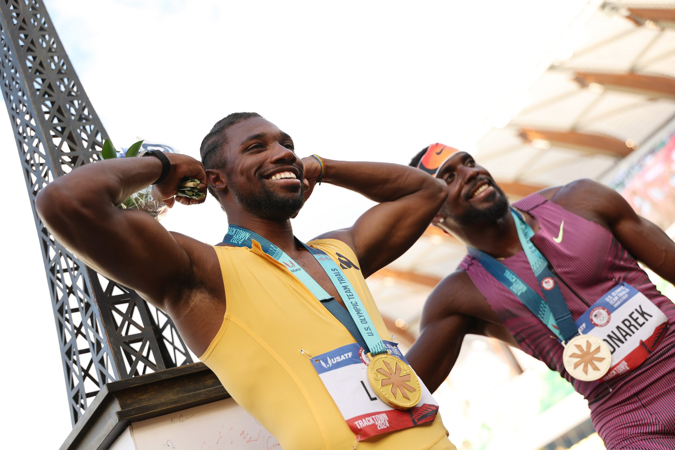 Noah Lyles poses at the Paris 2024 time trials