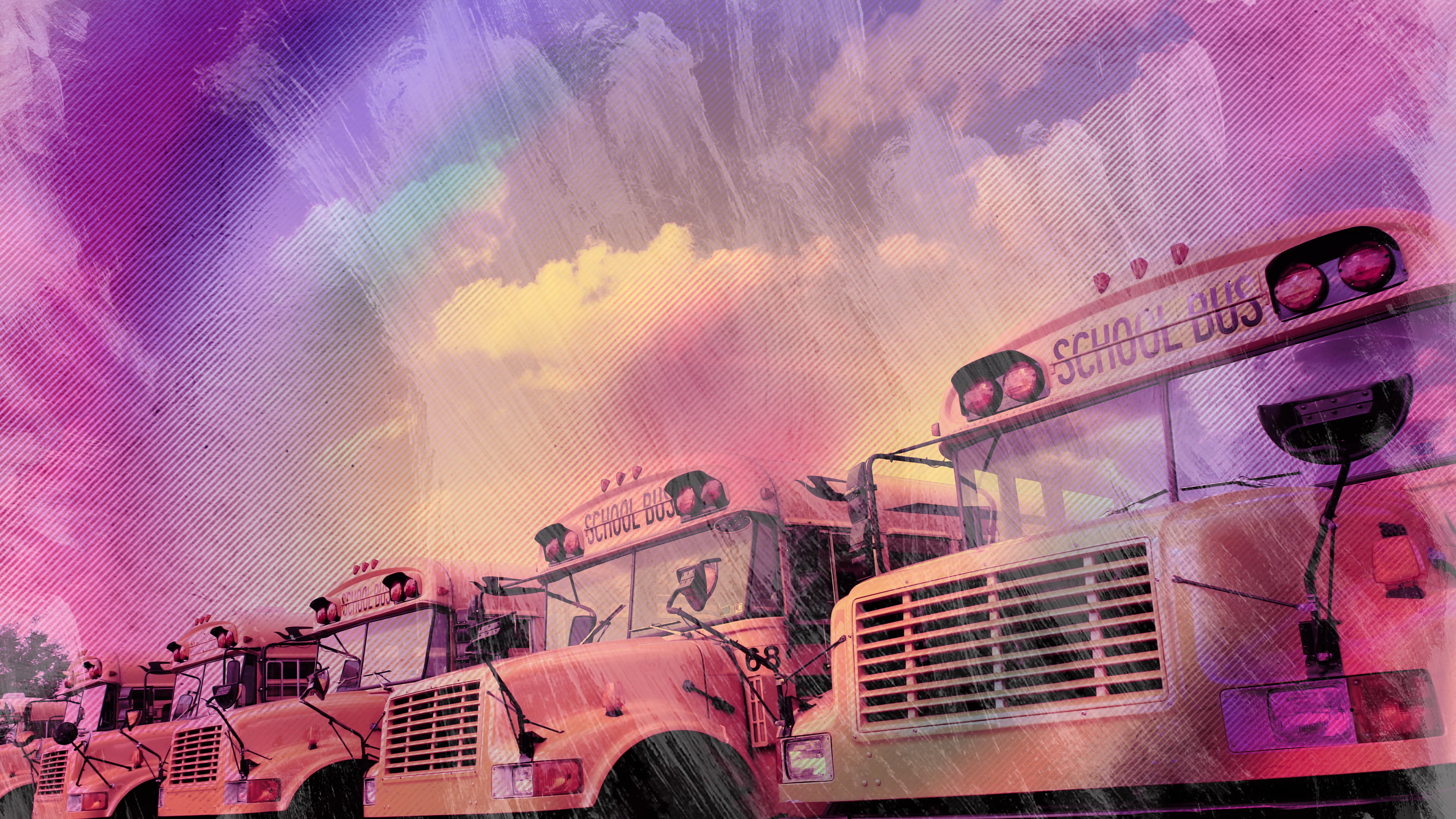 A row of school buses with a colorful tint.