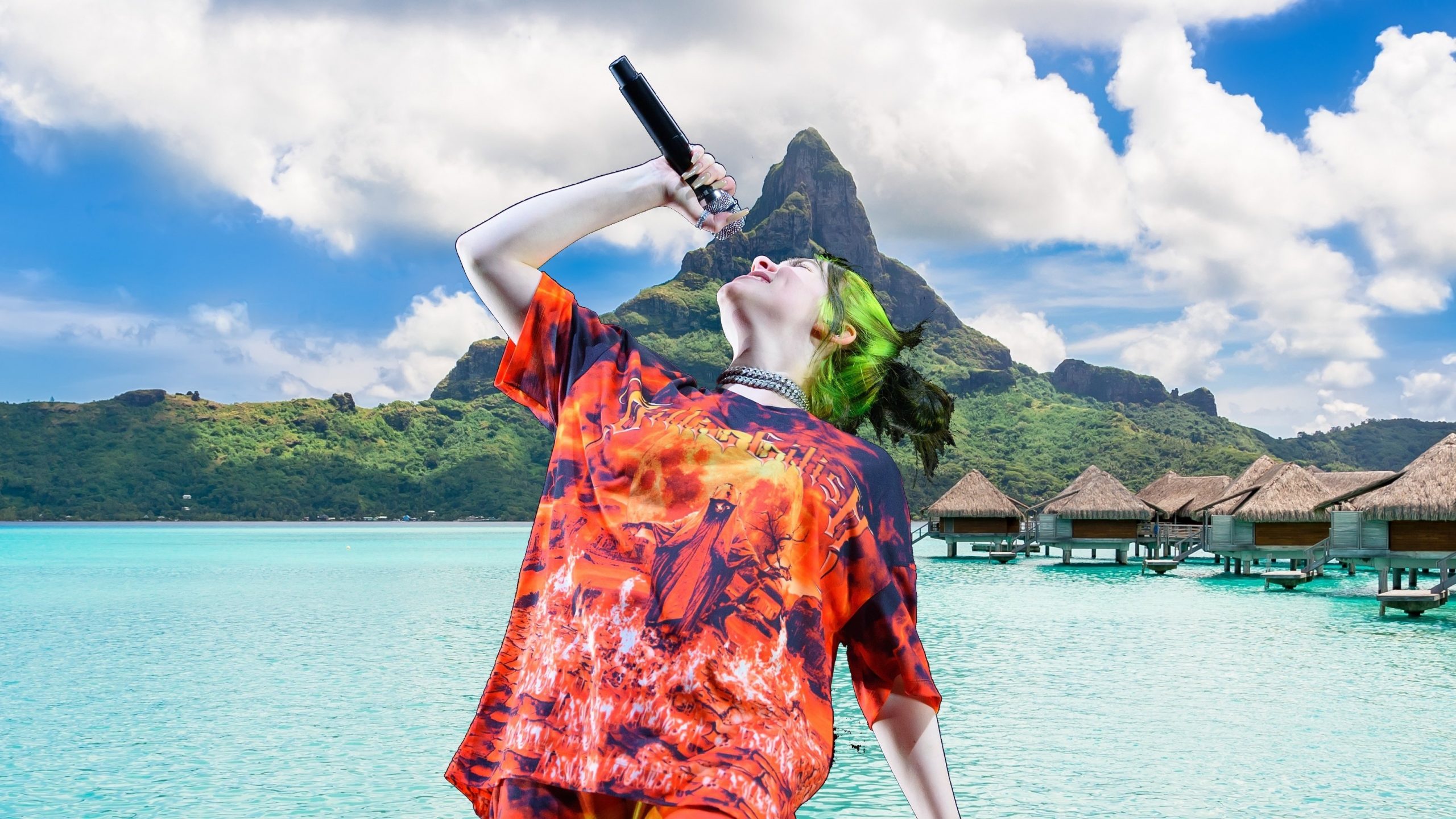 Billie Eilish superimposed on a picture of Bora Bora