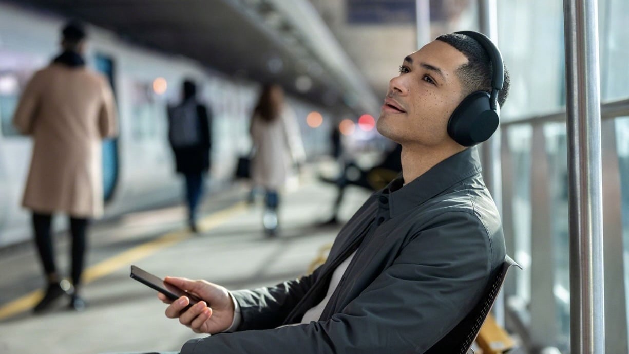 person sitting at train station wearing sony wh-1000xm5 