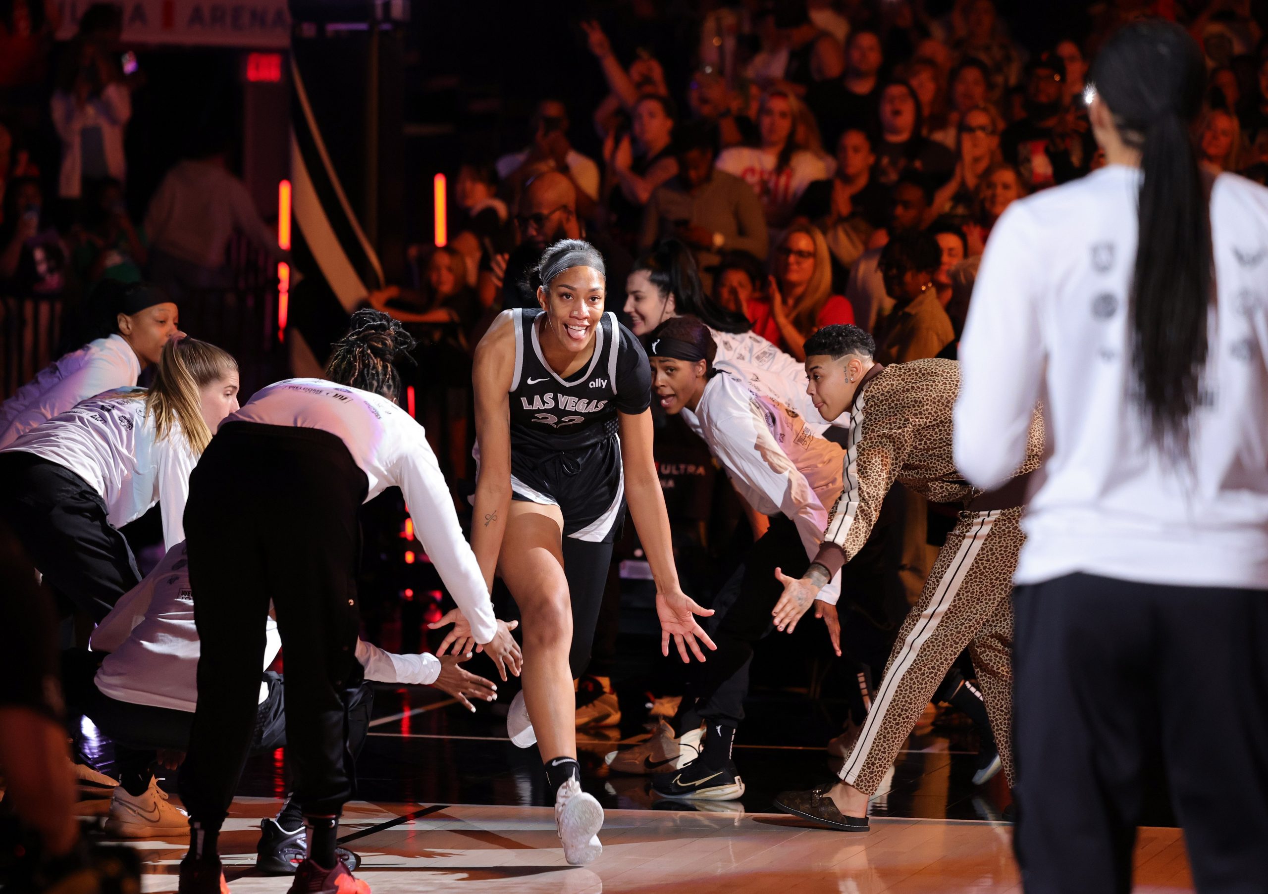 A'ja Wilson #22 of the Las Vegas Aces is introduced before a game against the Minnesota Lynx