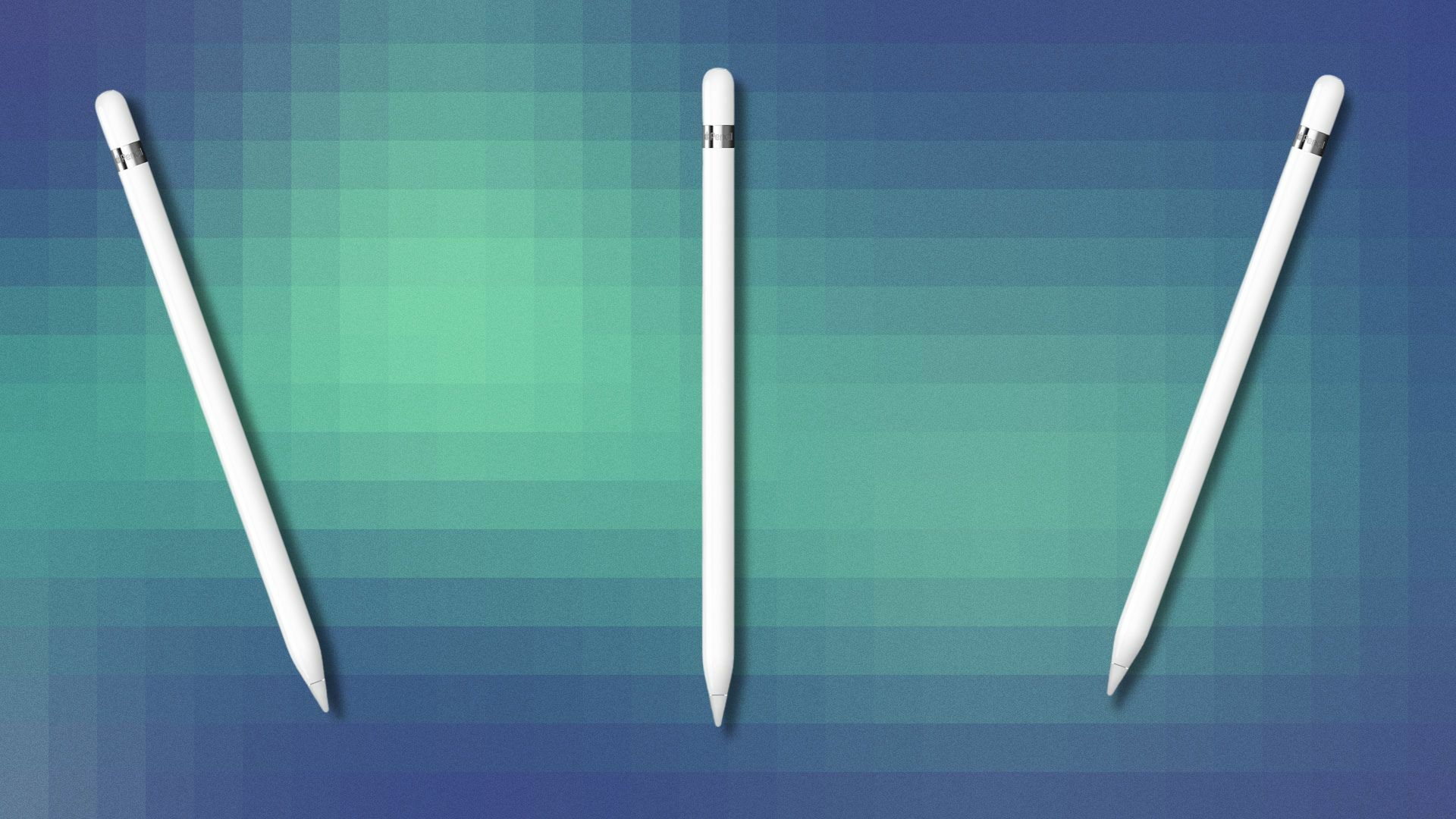 three apple pencils arranged on a pixelated background that's blue and light green