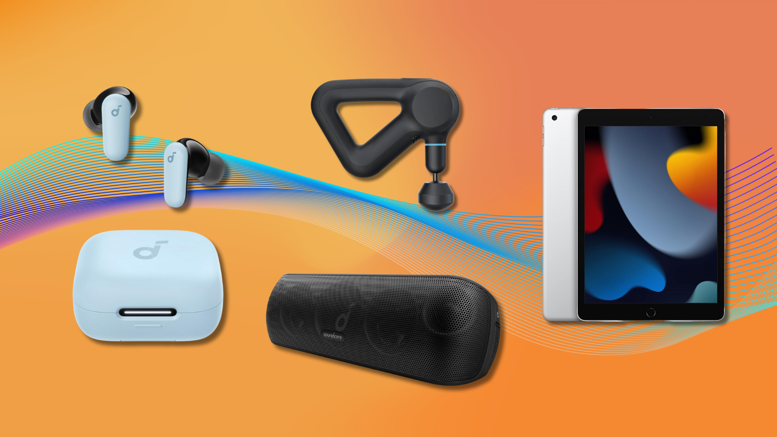 Soundcore earbuds, TheraGun Prime, Soundcore speaker, and iPad with orange background