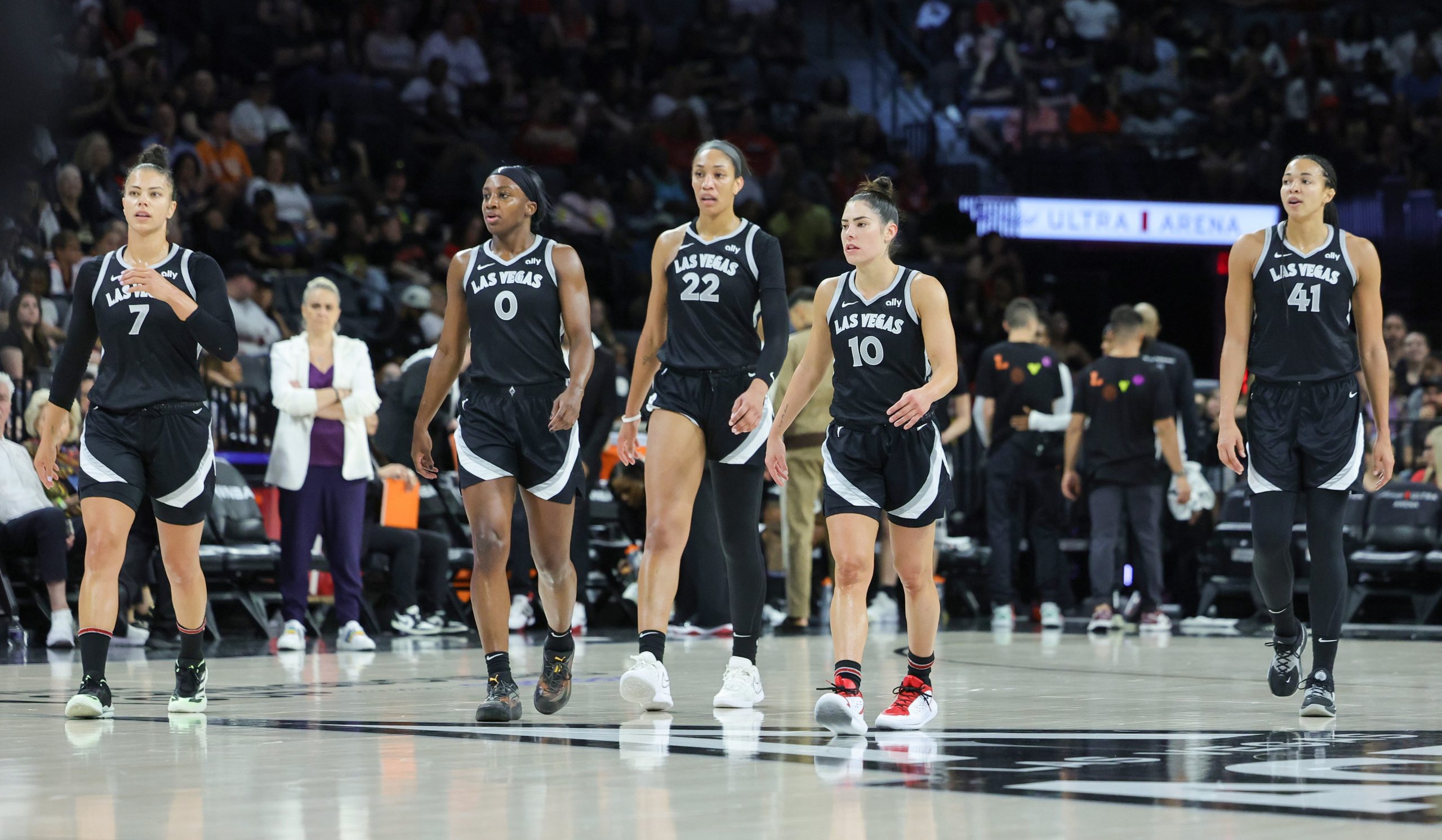  Alysha Clark #7, Jackie Young #0, A'ja Wilson #22, Kelsey Plum #10 and Kiah Stokes #41 of the Las Vegas Aces