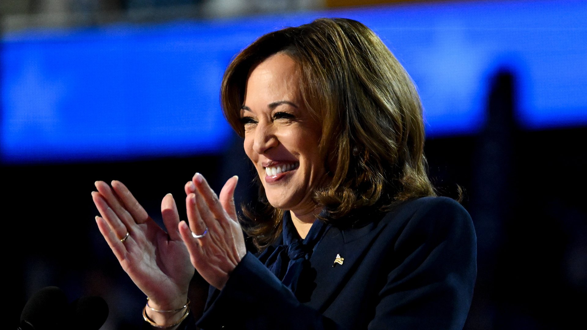 U.S. Vice President Kamala Harris speaks during the Democratic National Convention (DNC) on Thursday.