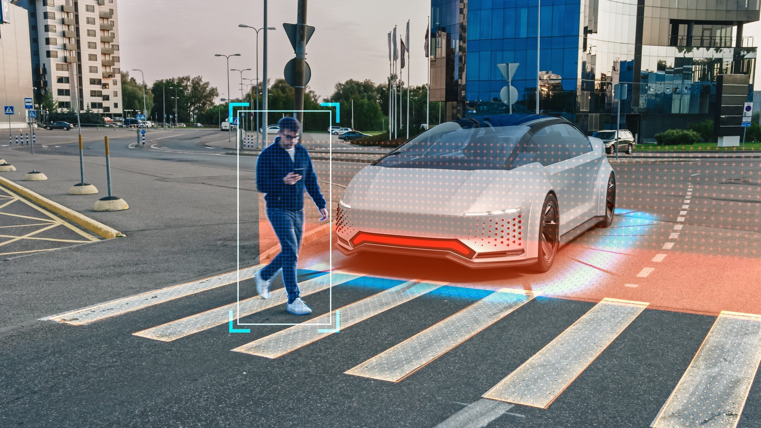 Autonomous car visual with man crossing street