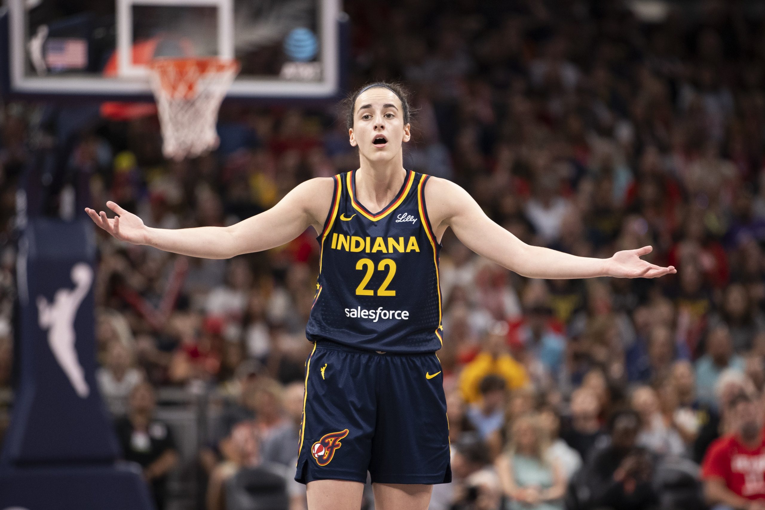  Caitlin Clark #22 of the Indiana Fever reacts to a foul 