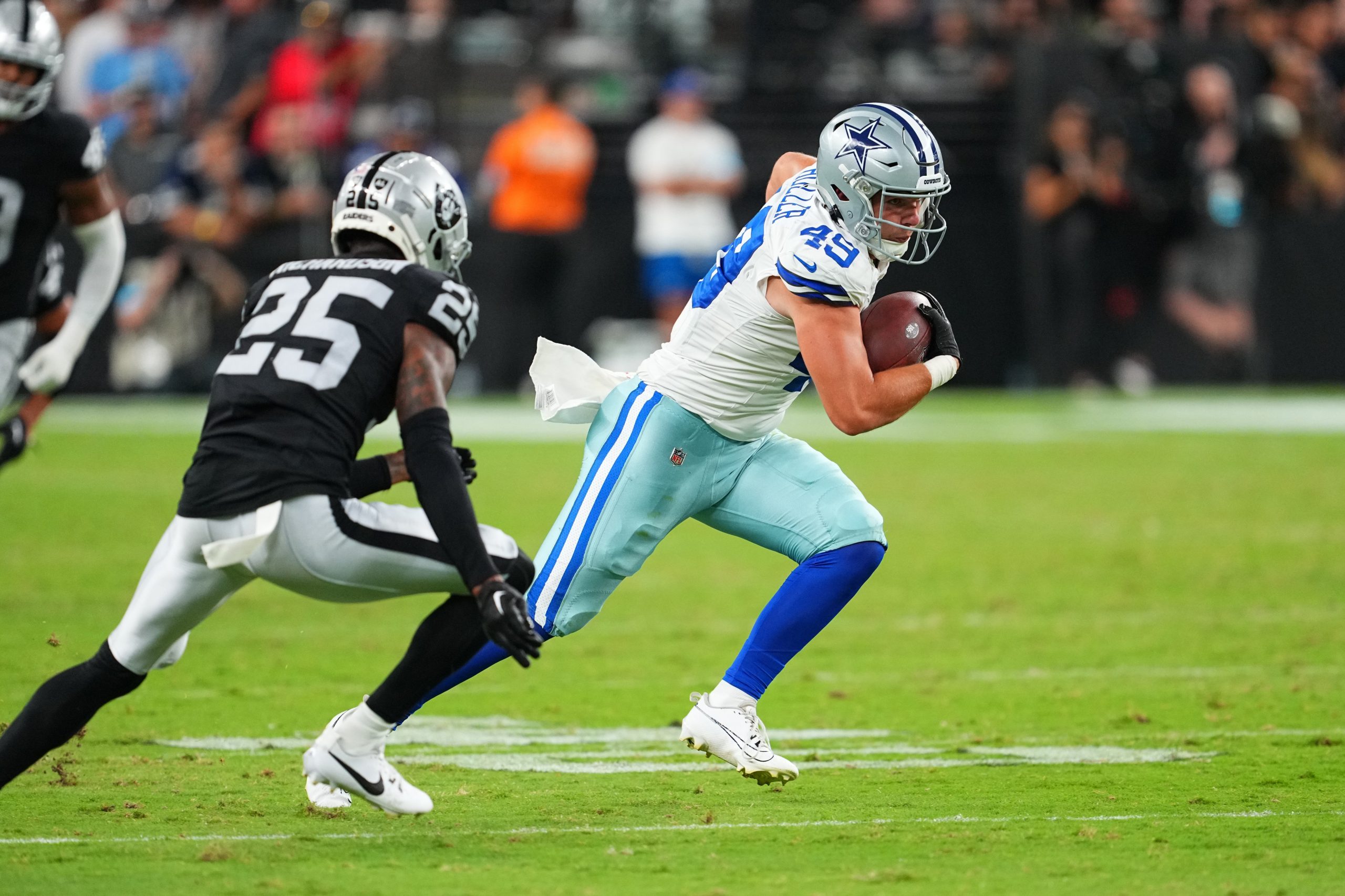 Alec Holler of the Dallas Cowboys runs against the Las Vegas Raiders